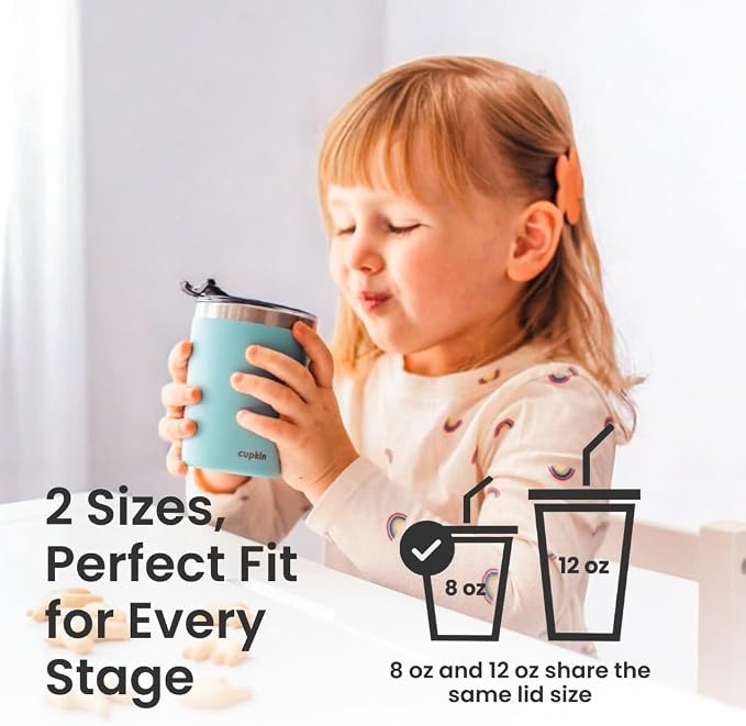 CUPKIN Toddler Tumblers, The Original 12 oz Stackable Stainless Steel Cups, Set of 2 Powder Coated Insulated Kids Water Bottle Alternative + BPA Free Lids + Reusable Silicone Straws (Cobalt + Mint)