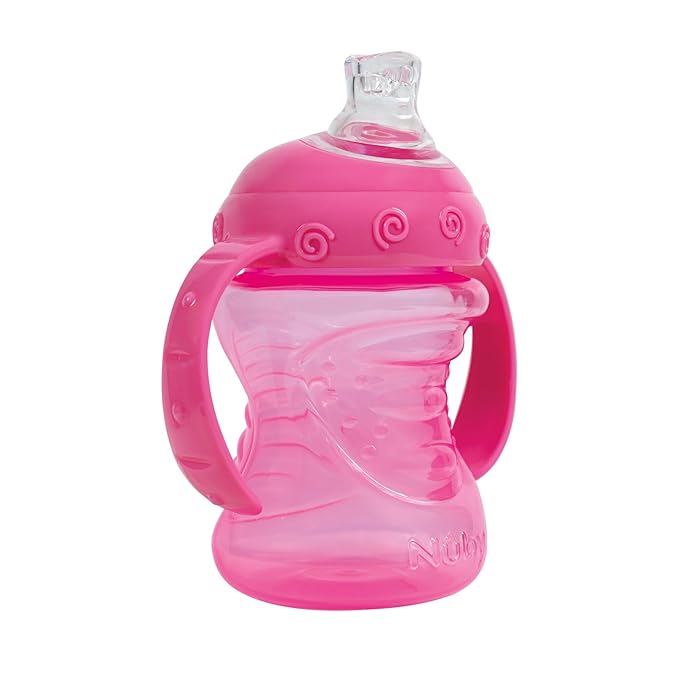 Nuby 3-Pack Two-Handle No-Spill Super Spout Grip N' Sip Cup, 8oz, 3 PK - Coral, Pink, Purple