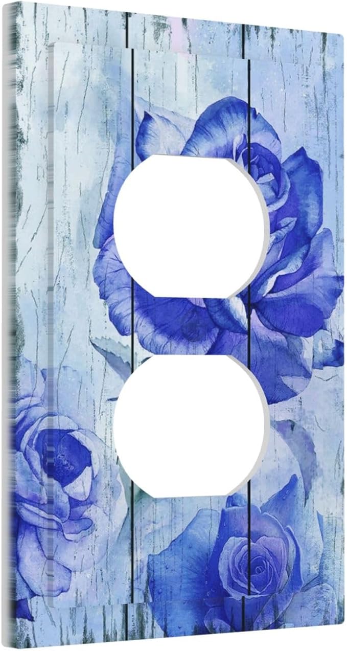 Blue Rose Flower Rustic Wood Plank Floral Outlet Covers 1 Gang Duplex Light Switch Cover Decorative Switch Plates Electrical Receptacle Faceplate Wall Plate for Farmhouse Home Decor