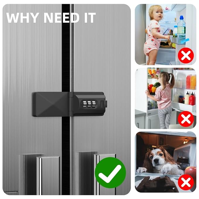 French Door Fridge Child Proof Lock Keyless Password Code Baby Safety Double Door Refrigerator/Freezer Locks for Kids, Adhesive Cabinet Cupboard Lock Easy to Install (1, Black)