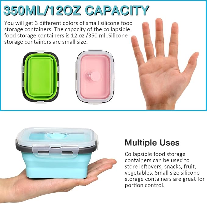 Small Collapsible Silicone Food Storage Container 3 Pack, Silicone Storage Containers for Snack, Fruit(Small, 12 Oz), Stackable, Space Saving, Portion Control
