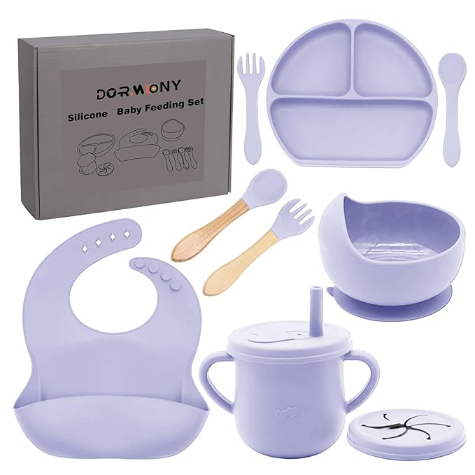100% Silicone Baby Feeding Set,BPA Free Baby Dishes Set with Suction Bowl Divided Plate,Toddler Self Feeding Dish Set with Spoons Forks Sippy Cup and Bib, Baby Eating Utensils(Purple)