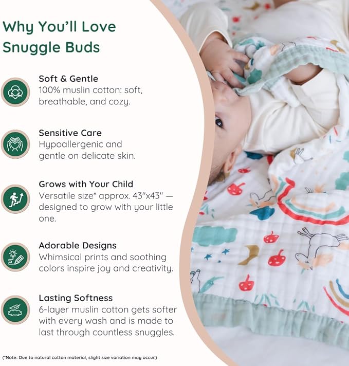 100% Cotton Muslin Baby Blanket | Soft & Breathable 6-Layer Swaddle & Receiving Blanket | Lightweight Quilt for Newborns, Infants & Toddlers - Unicorn & Rainbows - Sage Trim
