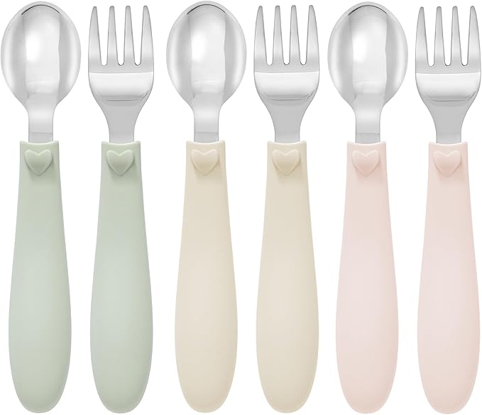 Ali+Oli Toddler Utensils Set (6 Pack) ??Stainless Steel Kids Silverware with Soft Silicone Handles, BPA Free Baby Forks and Spoons, Durable Children Flatware Dishwasher Safe for Self Feeding (Hearts)