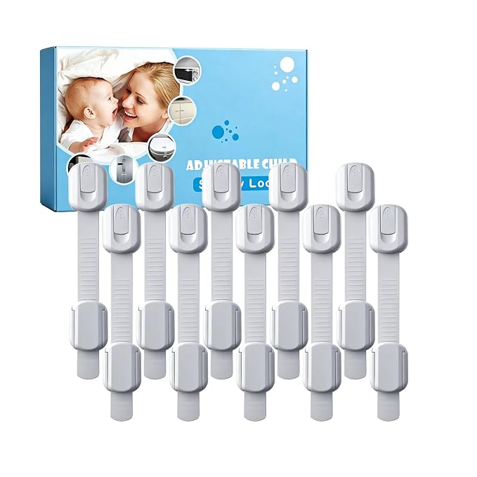 Baby Safety Locks for Cabinets & Drawers (10 Pack) – Child Proof Cabinet Locks with Strong 3M Adhesive, No Drill Safety Latches for Kitchen, Bathroom, Fridge & Cupboards