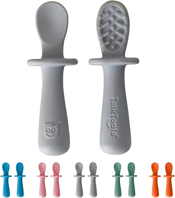 TalkTools ITSY Tiny Silicone Spoons ??Twin Pack Soft Silicone Self-Feeding Training Spoons for Kids & Toddlers, Anti-Choking Flange Guard and Non-Slip Handle (Cloud)