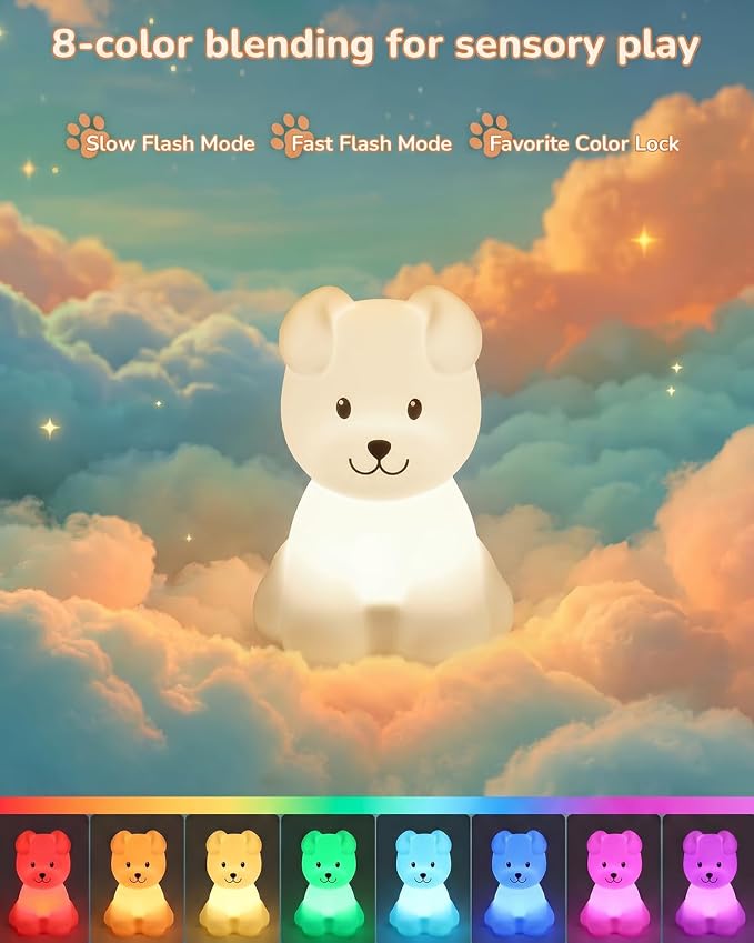 Night Light for Kids, LED Puppy Squishy Animal Lamp for Baby, Soft Silicone Dimmable Bedside Touch Light with Timer, Battery Rechargeable Nightlight Boys Gifts Toddler Room Decor