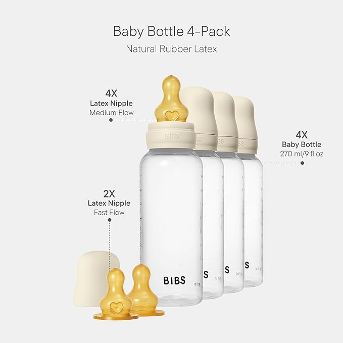 BIBS Baby Bottle 270 ml Latex Nipple 4 Pack - Anti-Colic, BPA-Free, Round Nipple, Lightweight & Easy to Clean, Suitable for Newborns 0+ Years, 4-Pack + 2 Extra Nipples - Ivory