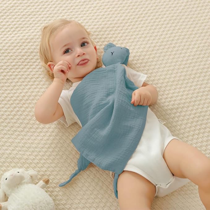 insular Bunny Lovey Blanket for Boys and Girls, Organic Cotton Muslin Security Blanket for Babies, Soft Breathable Lovie Soothing Towel for Newborn and Infant, 2 Pcs Set (Blue&Grey)
