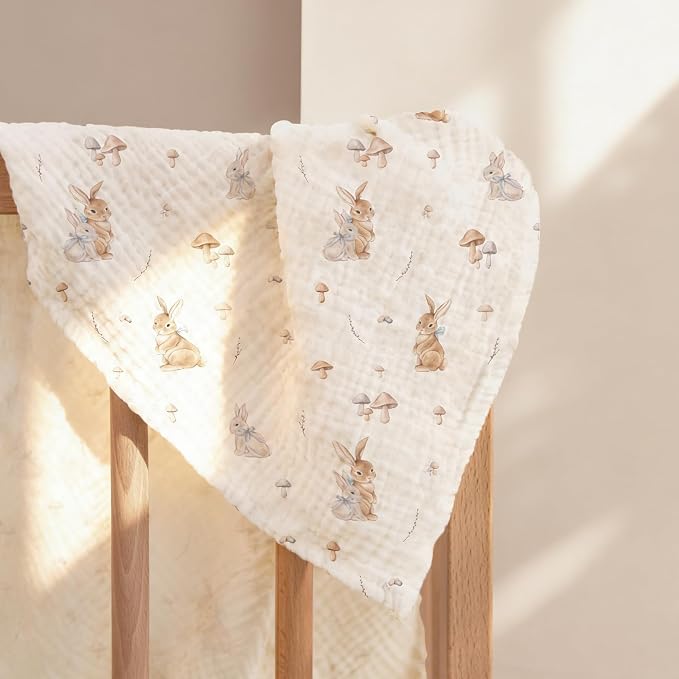 lulumoon Muslin Swaddle Blankets for Baby: Cotton & Soft Receiving Blanket for Newborn with Branche Printed- Neutral Gift for Baby Shower 2pack(Bunny)