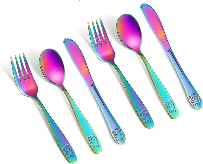 Pimoys 6 Pieces Rainbow Kids Silverware Stainless Steel Child and Toddler Utensils, Children's Safe Flatware Metal Cutlery Set Includes 2 Children Knives, 2 Forks & 2 Spoons