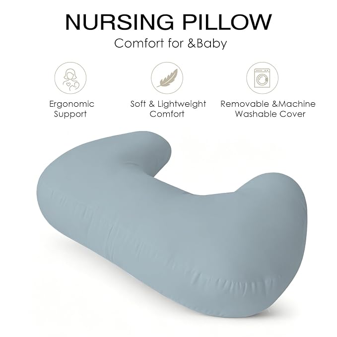 Plushii U-Shaped Nursing Pillow with Washable Cover,Blue | Ergonomic U-shaped breastfeeding support pillow for mom and baby, featuring a soft, breathable and washable cover