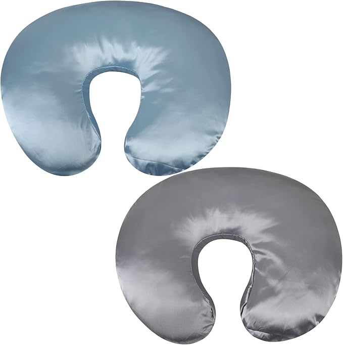 Satin Nursing Pillow Cover Set 2 Pack Ultra Soft Silk Compatible with Boppy Pillow for Breastfeeding Pillow Protect for Baby Hair and Skin Grey & Lt Blue