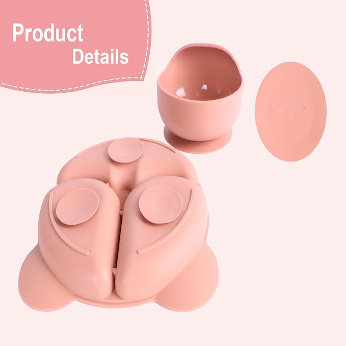 Silicone Baby Feeding Set, Baby Led Weaning Supplies with Suction Bowl Divided Plate, Toddler Self Feeding Dish Baby Spoon and Fork,Sippy Cup, Eating Utensils for 6+ Months(Pink) (Pink)