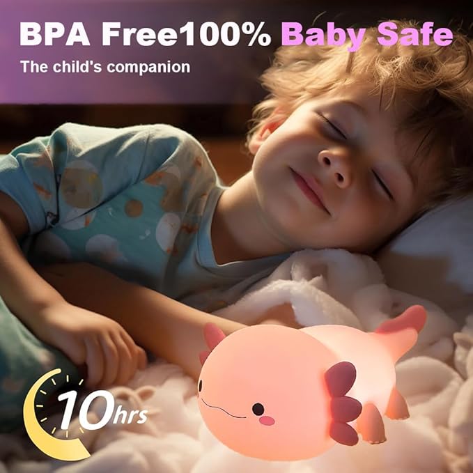 magical JD Axolotl Night Light for Kids Bedroom, Animal Silicone Nursery Night Lamp Touch Dinosaurs Nightlights USB Rechargeable Bedside Lamp for Baby Children Toddlers Girls Gift (Pink Axolotl +1)