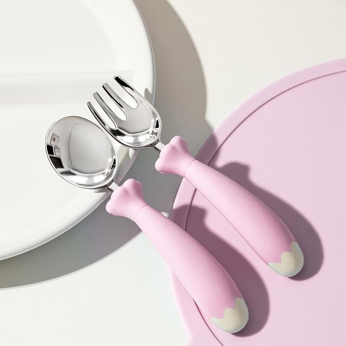 KINGSTONE Toddler Utensils with Case, Kids Silverware Set with Silicone Handles, 18/10 Stainless Steel Children Safe Forks and Spoons, Travel Carrying Cases BPA Free, Dishwasher Safe (pink)