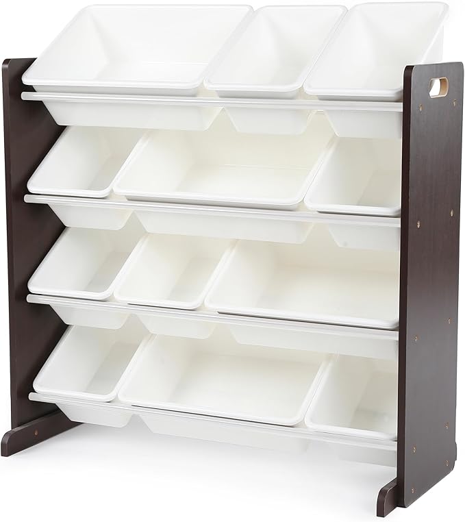 Humble Crew Kids Toy Storage Organizer with 12 Plastic Bins, Espresso/White ??Removable Bins for Playroom, Bedroom, Toddler Furniture for Boys and Girls Ages