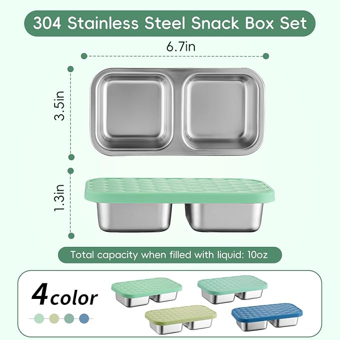 Tanjiae 10 oz Stainless Steel Snack Box for Kids & Toddlers, Multi-Compartment Small Leak Proof Food Containers with Silicone Lids - Reusable Metal Bento Box for Daycare, School, Travel, Camping