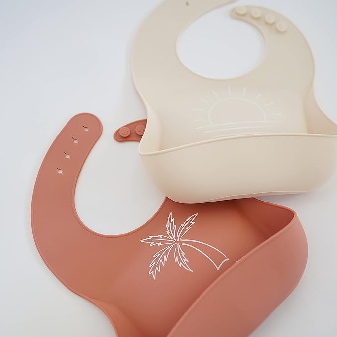 AVA + OLIVER Waterproof Silicone Bib Set with Adjustable Neck Closure - Durable Silicone Bibs for Babies - Set of 2