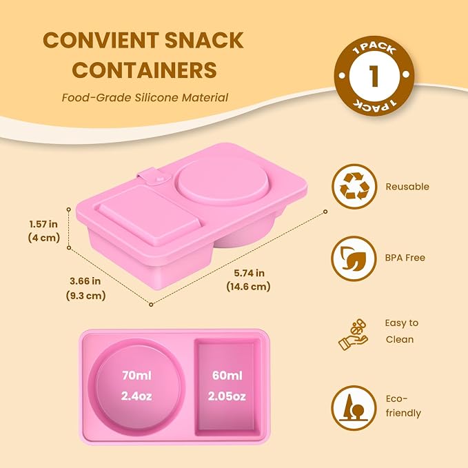 Reusable Snack Containers with Lids Silicone, 2 Pack Double Compartment Snackle Box Container for Lunches Picnics Parties, BPA-Free, Microwave Safe（Pink）