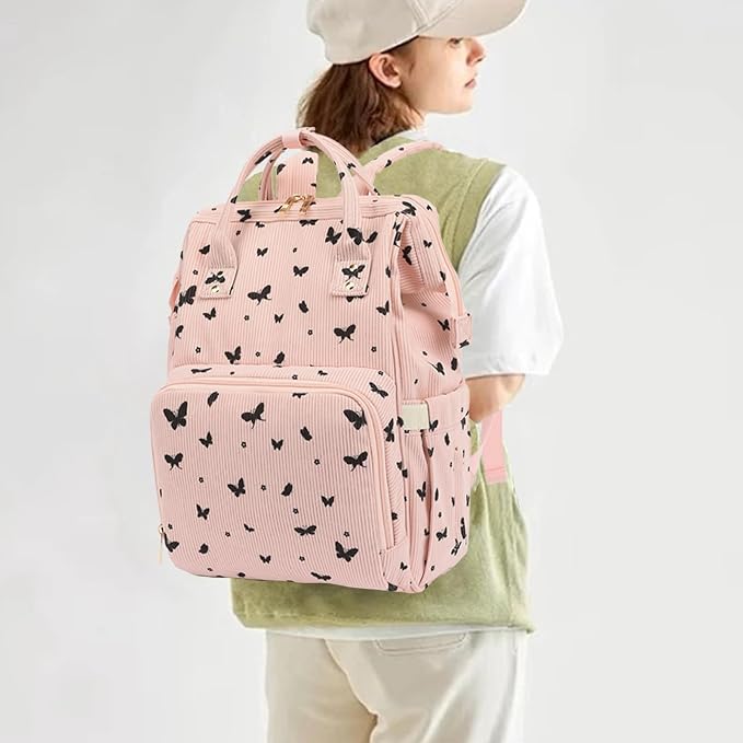 Corduroy Diaper Bag Backpack for Baby Girls Boys, Women Large Nappy Bags for Mom (Pink Corduroy Butterfly)