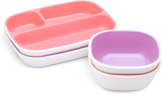 Munchkin® Splash™ 4 Piece Toddler Divided Plate and Bowl Dining Set, Pink/Purple
