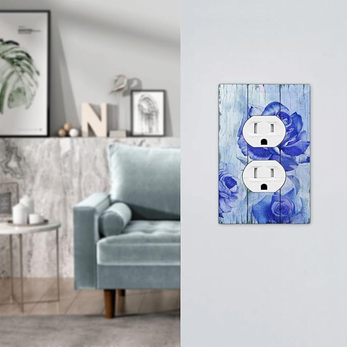 Blue Rose Flower Rustic Wood Plank Floral Outlet Covers 1 Gang Duplex Light Switch Cover Decorative Switch Plates Electrical Receptacle Faceplate Wall Plate for Farmhouse Home Decor
