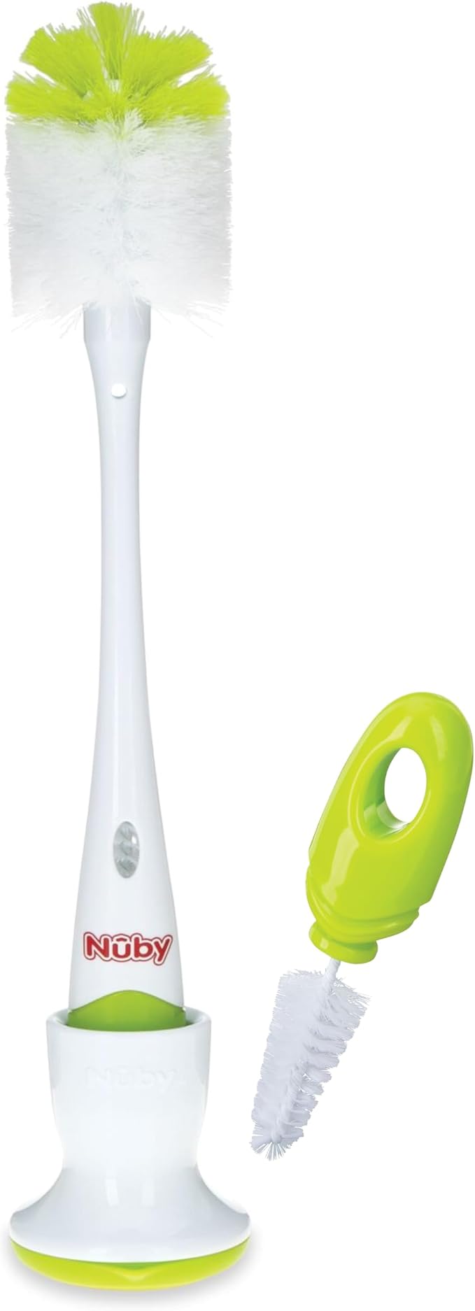 Nuby Bottle and Nipple Brush with Soft Bristles and Stand| 2 Pack: Pink & Lime Green| Bottle & Nipple Accessory Cleaning Brush with Drying Stand