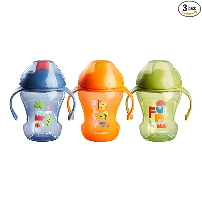 Tommee Tippee 8oz Trainer Sippee Cups with Handles for Babies and Toddlers, Spill-Proof, BPA Free, Blue, Orange and Green, Pack of 3
