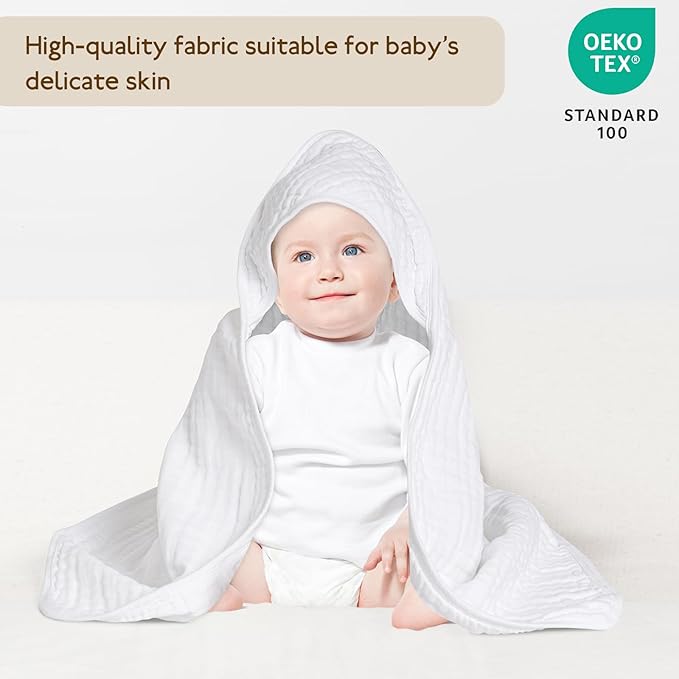 david's kids 2 Pack Hooded Baby Towels, 100% Muslin Cotton 6-Layer Ultra Soft Breathable Absorbent Baby Bath Towels for Infant and Toddler, Newborn Essentials, Large 32x32Inch, White