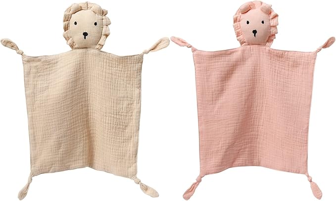 insular Lovey Blanket for Boys and Girls, Cotton Muslin Security Blanket for Babies, Soft Breathable Lovie Soothing Towel for Newborn and Infant, 2 Pcs Set, Pink&Khaki