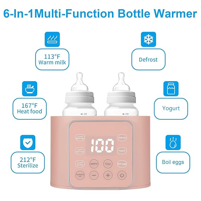 Baby Bottle Warmer 9-in-1 Multifuntion Breast Milk Warmer, Fast Baby Food Heater & Defrost Warmer with Timer for Twins, LCD Display Accurate Temperature Adjustment, 24H Constant Mode (Rose)