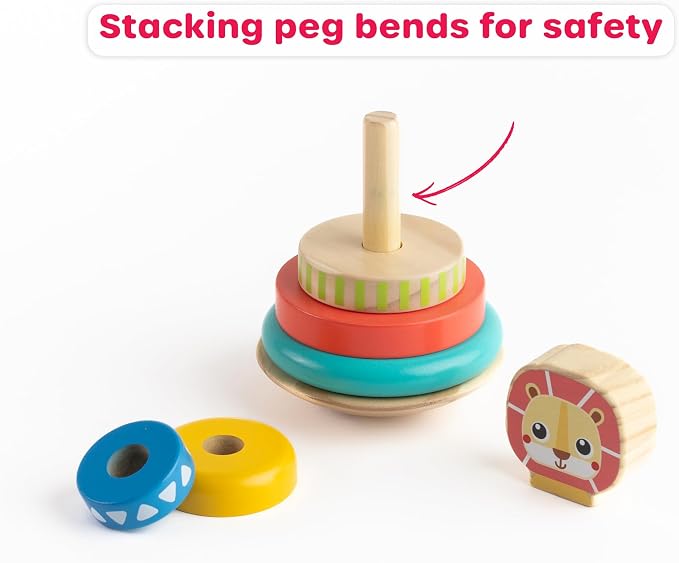 Jasey's Toy Chest Wooden Lion Stacking Rings | 7-Piece Wooden Stacker Toy with Colorful Rings & Lion Topper | Educational Toy for Toddlers Ages 12+ Months