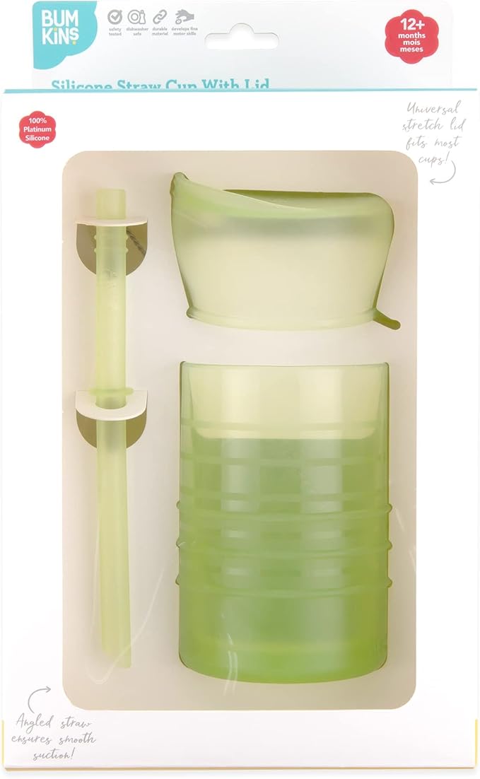 Bumkins Baby and Toddler Cups, Sippy Cup with Straw, Spill Proof, Transition Cup for Babies Age 1 Year, Safely Sip from Lid or Straw, First Year Supplies, Platinum Silicone, Holds 7oz, Sage Green