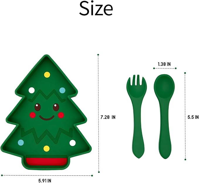 BabyX Baby Silicone Feeder Set, 3-pcs Christmas-themed Baby Plate with Suction, Spoon and Fork for Babies Toddler Kids, BPA-Free, Baby Utensils Feeding Supplies, Microwave and Dishwasher Safe