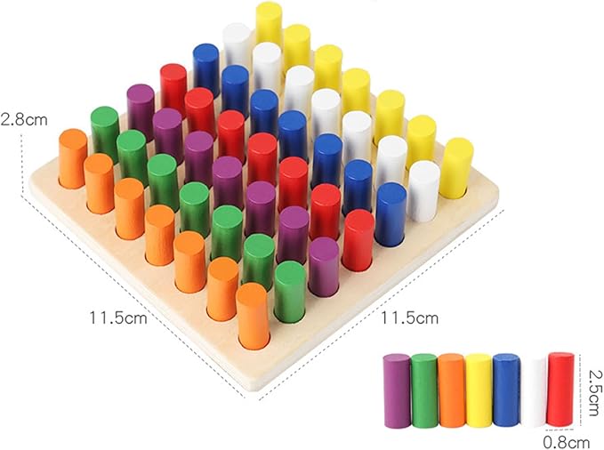 Montessori Wooden Cylindrical Peg Board Toy, Color Recognition, Fine Motor Development