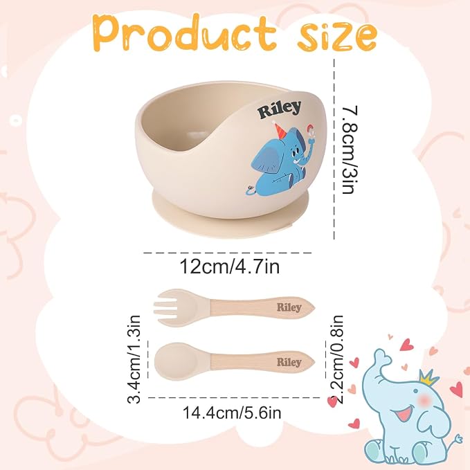 TYRY.HU Personalized Baby Bowl with Suction with Name, Baby Spoon and Fork with Name, Baby Led Weaning Supplies, Silicone Baby Feeding Set (Beige)