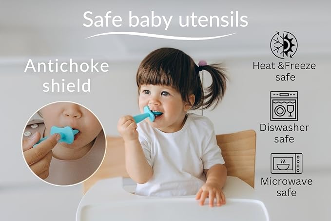 Growing Love Baby Spoons Set, Self Feeding 6 months, Pre-Spoon, Baby utensils, Toddler spoon, training spoon, cuchara bebe, blw, 100% silicone, Anti choke shield (vanilla)