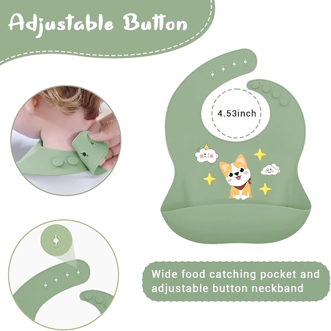 9PCS Silicone Feeding Set for Baby Led Weaning - Non Toxic Food Grade Suction Plates & Bowls, Soft Silicone Bibs with Pocket, Self Feeding Spoons & Utensils for 6-36 Months Infants Toddlers, Dishwashe