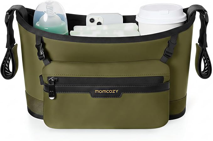 Momcozy Universal Stroller Organizer, Slim Stroller Caddy with 2 Insulated Cup Holders, Non-Slip Silicone Straps, Detachable Mini Pouch, Dense-Weave Parent Console for UPPAbaby, Doona, Graco & More