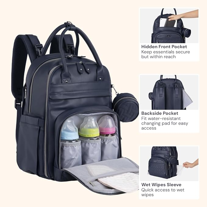 BabbleRoo Leather Diaper Bag Backpack - Baby Essentials Travel Baby Bag, Multi function, with Changing Pad, Stroller Straps & Pacifier Case ??Unisex, Midnight Blue
