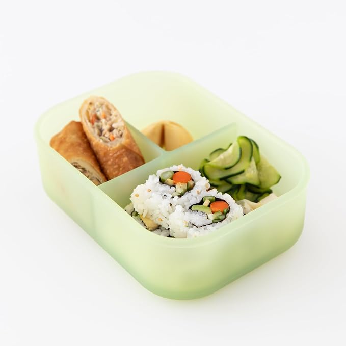 Bumkins Snack/Lunch Bento Box for Kids and Adults, 3 Compartment Container, Leak Proof Lid, for Portioning, Large Section Can Hold Sandwich, Food-Safe LFGB Platinum Silicone, Microwave-Safe, Green