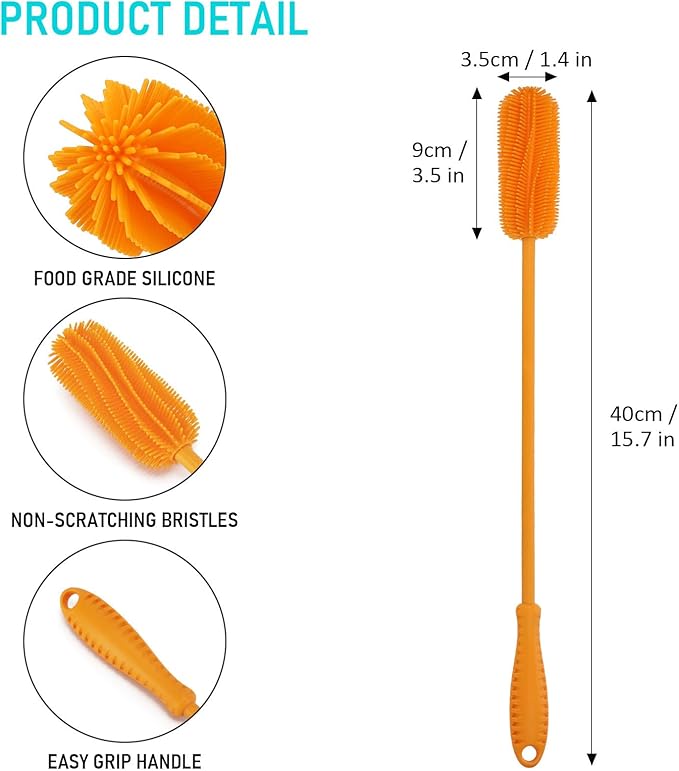 15.7" Silicone Bottle Brush, ddLUCK Water Bottle Cleaner Brush for Stanley, Hydroflasks, Glass, Thermos Sports Bottle, Vase and Glassware, Bottle Brush Cleaner for Narrow Neck Containers (Orange)