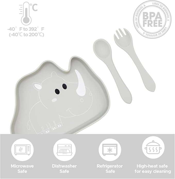 BabyX Baby Silicone Feeder Set, 3-pcs Safari Wildlife-themed Baby Plate with Suction, Spoon and Fork for Babies Toddler Kids, BPA-Free, Baby Utensils Feeding Supplies, Microwave and Dishwasher Safe