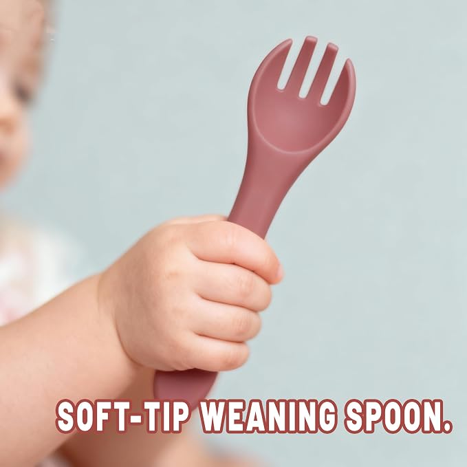 2 Pack Silicone Baby Spoon and Fork Set, First Stage Toddler Self Feeding Utensils, First Stage Feeding Spoons for Infants, Baby LED Weaning Feeding Supplies Training Spoon, Toddler Utensils