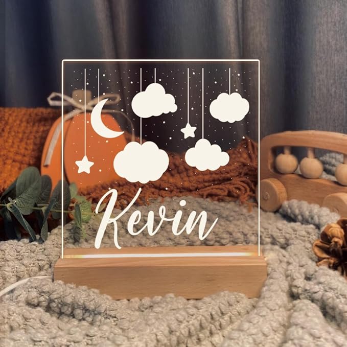 Personalized Night Light for Baby Kids, Custom Name Moon Cloud Led Lamp for Girls Boys, Customized Name Night Lights Gift for Children Nursery