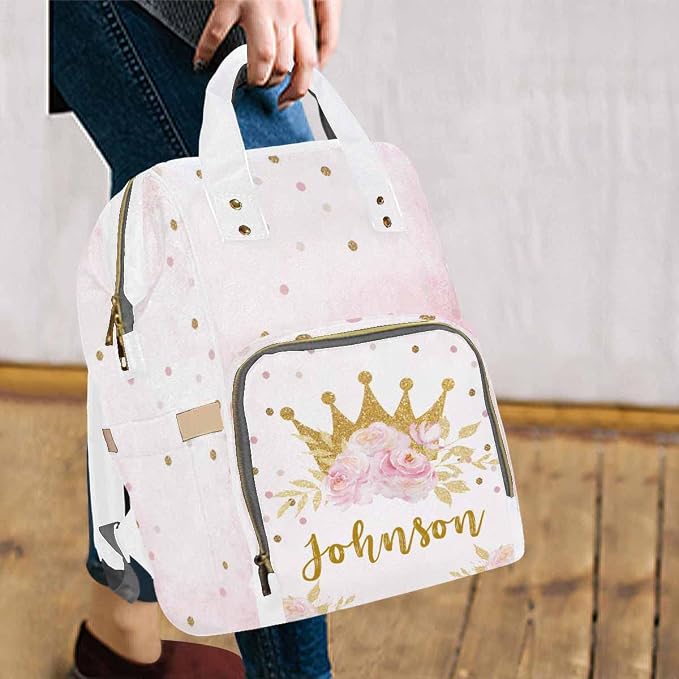 InterestPrint Personalized Backpack with Name, Golden Crown Flower Custom Diaper Bag Mommy Nappy Bag Fashion Shoulder Bag Casual Daypack Multi-Function Bag for Travel