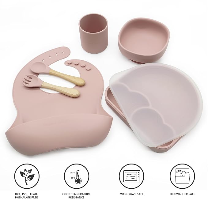 Rainbow & Butterflies |7 Piece| Silicone Baby Feeding Set – |Bib, Suction Bowl, Training Cup, Sectional Suction Plate & Lid, Spoon & Fork| – Food Grade Silicone, BPA Free (Baby Pink)