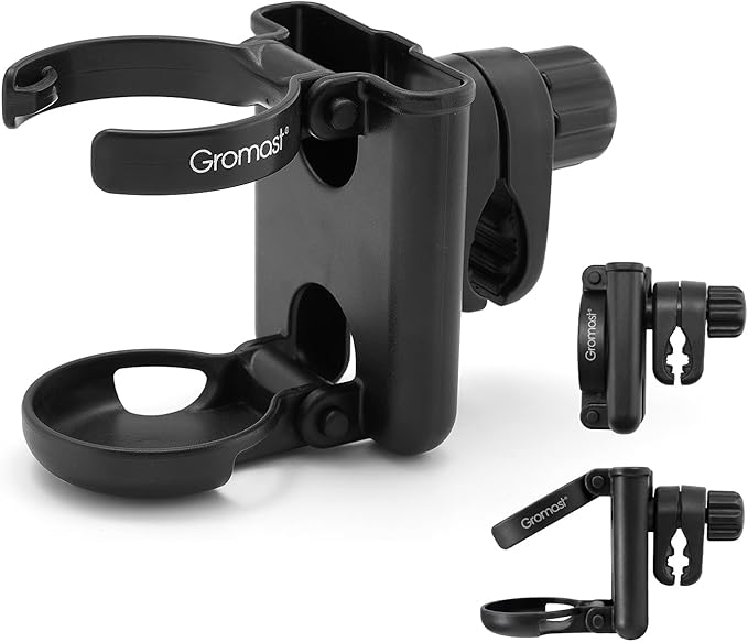 Gromast 2 in 1 Foldable Stroller Cup Holder + Phone Holder, 360°Rotatable with Adjustable Clip, Universal Cup Holder for Baby Stroller, Tricycle - Black