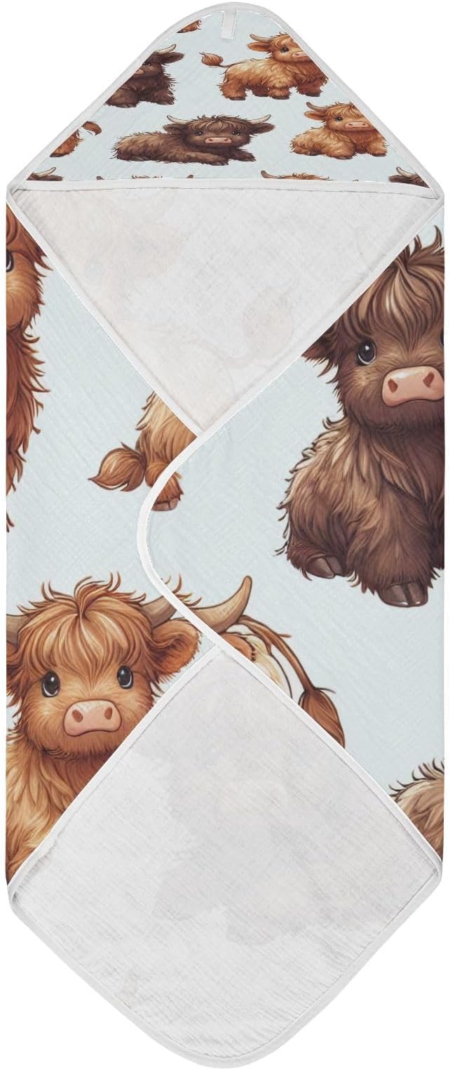 Highland Cows Hooded Baby Bath Towels, Cotton Soft Hooded Towel for Babies - Absorbent Baby Bath Towels 30x30 Inch